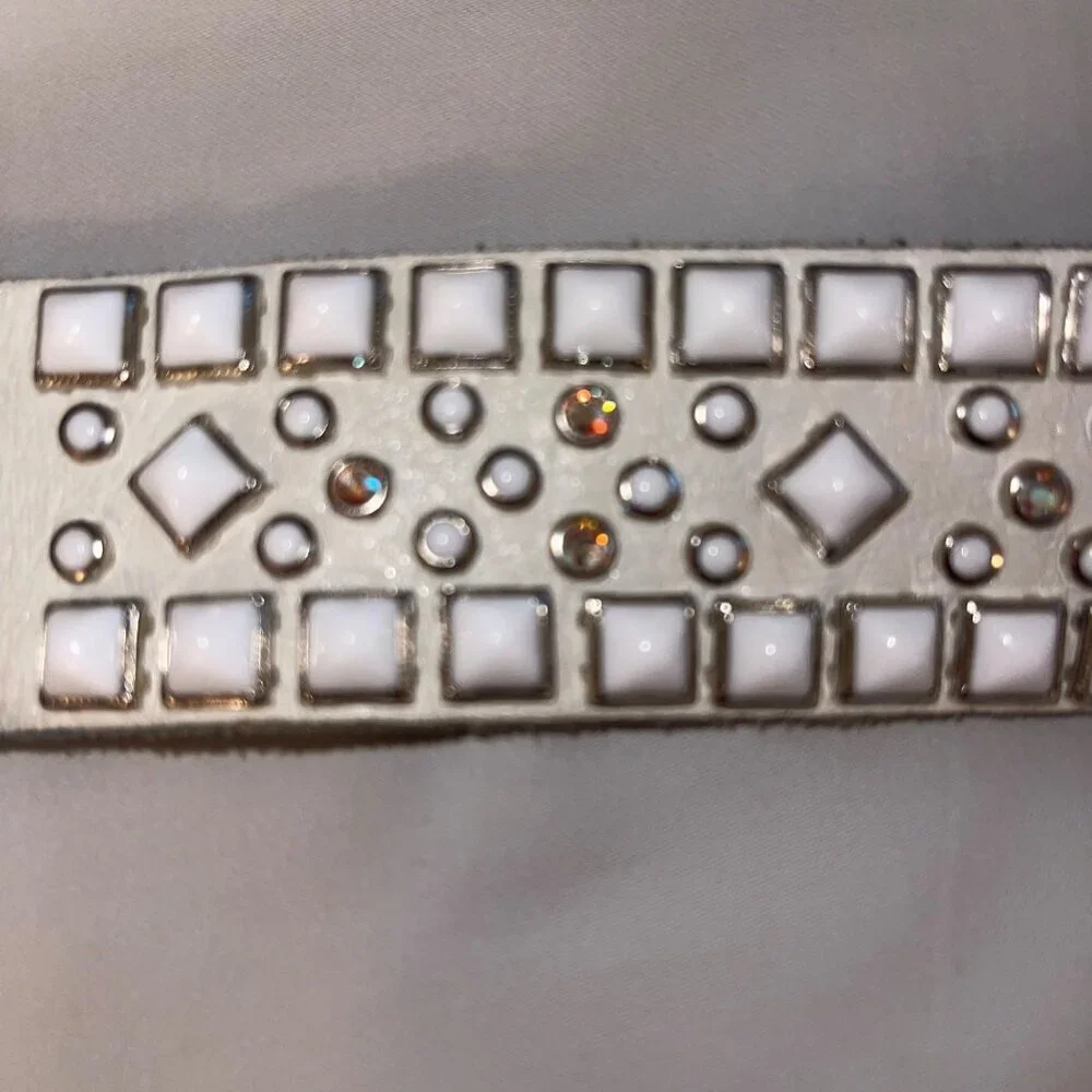 Rn Design Womens Belt Size Large White Leather Studded Swarosky Crystals